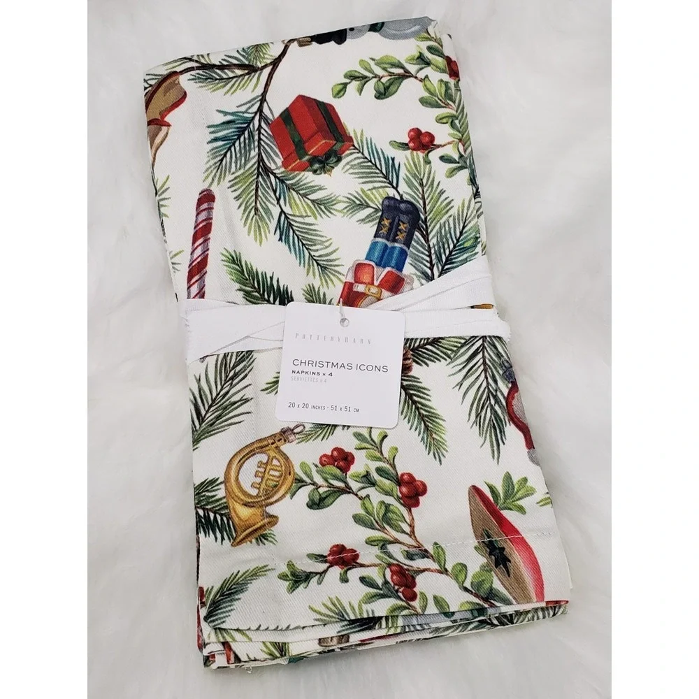 NEW Set Of 4 POTTERY BARN NOSTALGIC CHRISTMAS ICONS COTTON TWILL NAPKINS #2